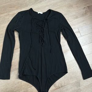 Ribbed black tie up bodysuit